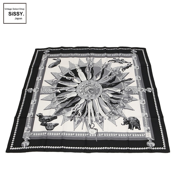 ■エルメス■ カレ90 スカーフ 「CUILLERS D'AFRIQUE」 シルク ブラック/ホワイト/グレー 【HERMES】