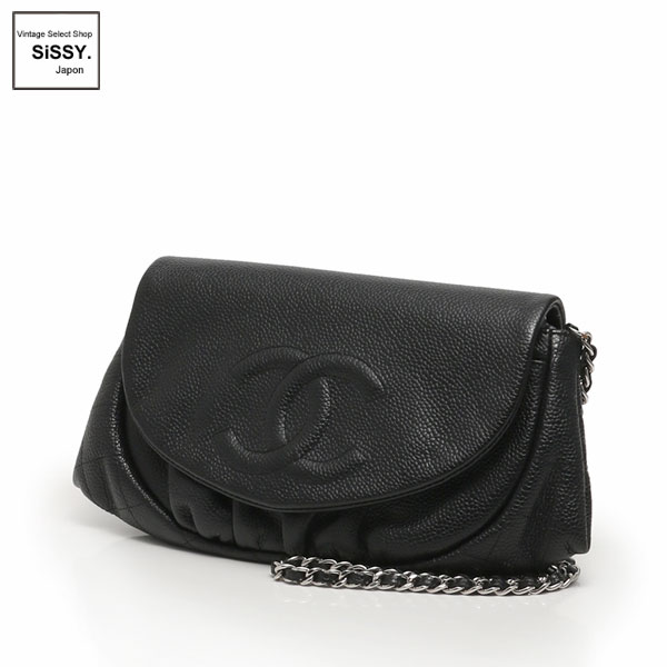■シャネル■ チェーンウォレット 財布 ハーフムーン キャビアスキン ブラック シルバー金具 【CHANEL】