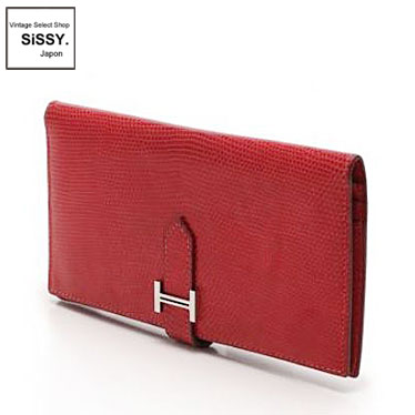 ■エルメス■ ベアン 長財布 リザード ルージュヴィフ □F刻印 【HERMES】