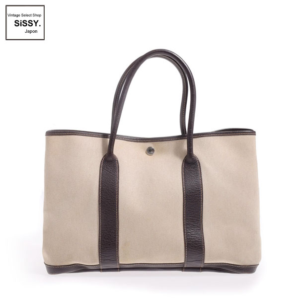■エルメス■ ガーデンパーティPM トートバッグ トワルアッシュ レザー ベージュ ブラウン □F刻印 【HERMES】