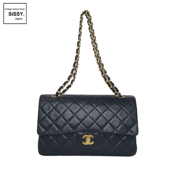 ■シャネル■ チェーン ショルダーバッグ Wフラップ マトラッセ25 ラムスキン ブラック ゴールド金具 0番台【CHANEL】