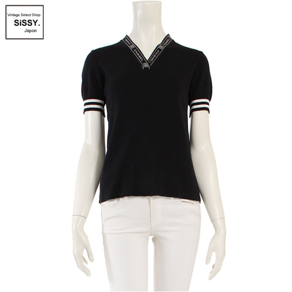 ■シャネル■ スポーツライン 半袖ニット Vネック コットン ブラック/ホワイト 04P 40(M) 【CHANEL】