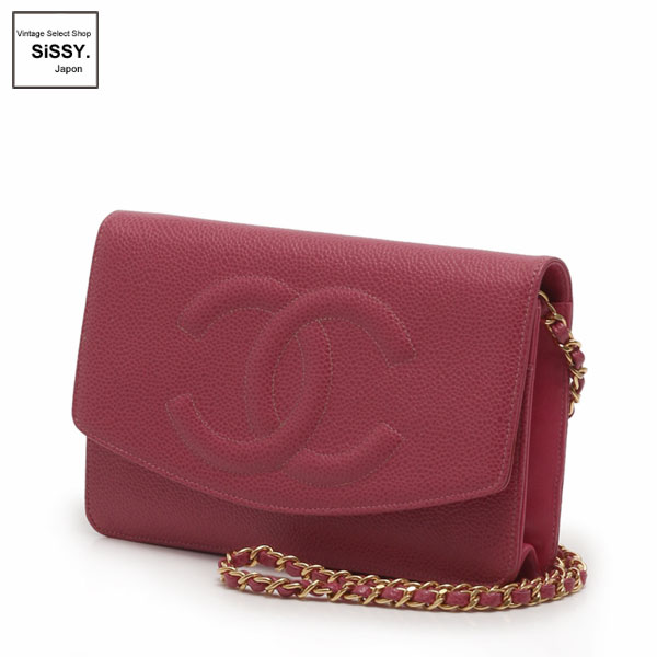 ■シャネル■ チェーンウォレット ココマーク キャビアスキン ピンク ゴールド金具 【CHANEL】