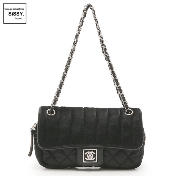 ■シャネル■ Wチェーンショルダーバッグ スポーツライン マトラッセ ハラコ キャンバス ブラック シルバー 金具 【CHANEL】