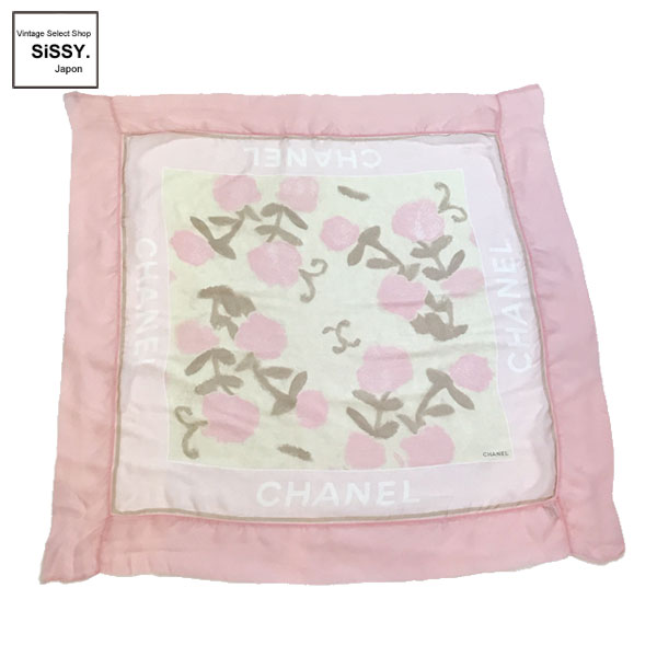 ■シャネル■ シフォン スカーフ シルク100% ピンク 花柄 100x100【CHANEL】