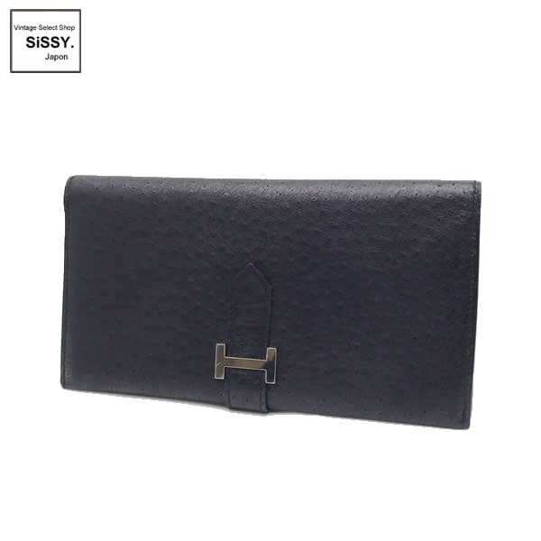 ■エルメス■ ベアン 長財布 エミュー ブラック シルバー金具 □C刻印【HERMES】