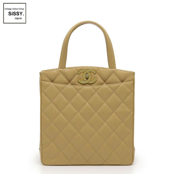 ■シャネル■ ハンドトートバッグ マトラッセ キャビアスキン ベージュ ゴールド金具 【CHANEL】