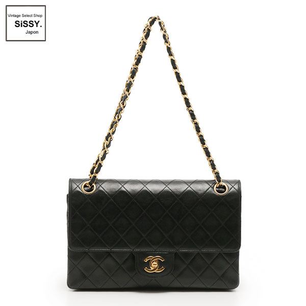 ■シャネル■ マトラッセ Wフラップ Wチェーンショルダーバッグ レザー ブラック ゴールド金具 【CHANEL】