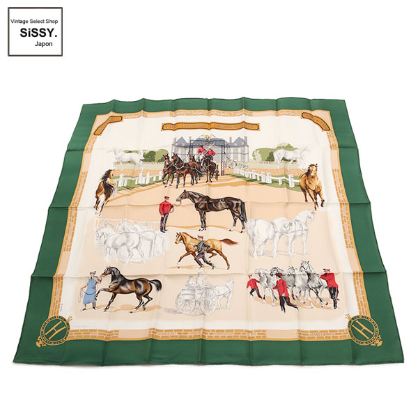 ■エルメス■ カレ90 スカーフ「LES HARAS NATIONAUX」 シルク ホワイト グリーン 【HERMES】