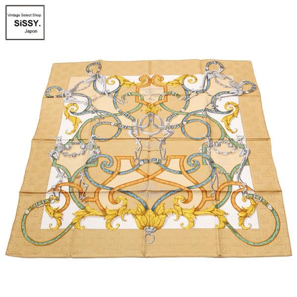 ■エルメス■ カレ90 スカーフ「L'INSTRUCTION DUROY」シルク ベージュ ブルー ゴールド 【HERMES】