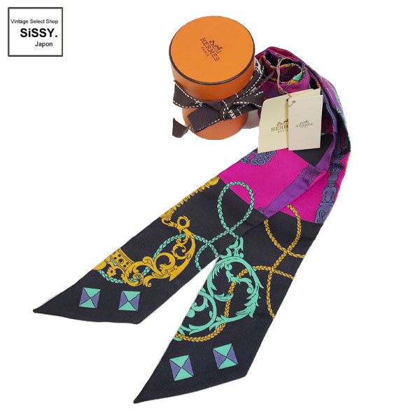 ■エルメス■ ツイリースカーフ 総柄 シルク ピンク パープル ブラック 【HERMES】