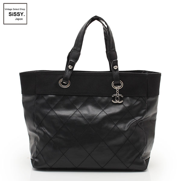 ■シャネル■ パリビアリッツMM トートバッグ コーティングキャンバス レザー ブラック シルバー金具 【CHANEL】