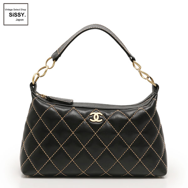 ■シャネル■ ワイルドステッチ ワンショルダーバッグ レザー ブラック ベージュ ゴールド金具 【CHANEL】