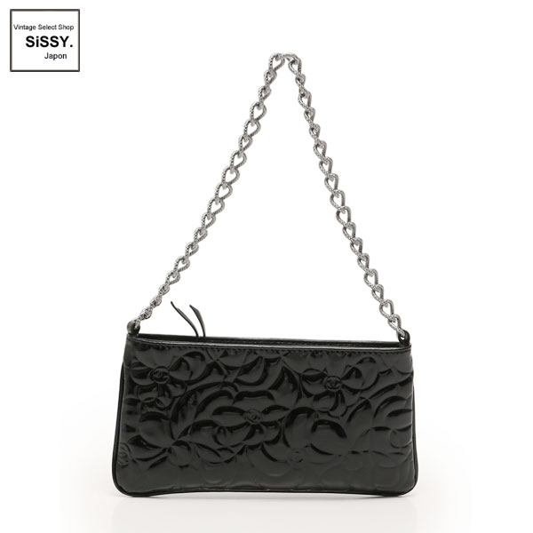 ■シャネル■ カメリア チェーンハンドバッグ ポーチ エナメルレザー ブラック ガンメタリック金具 【CHANEL】