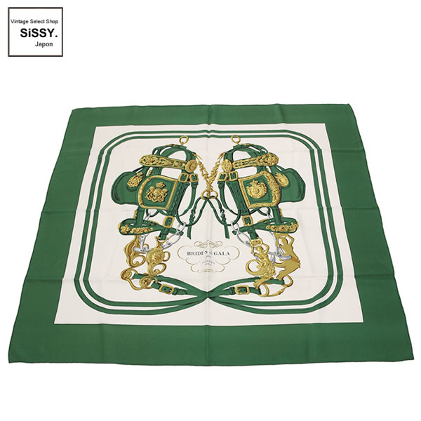 ■エルメス■ カレ90 スカーフ「BRIDES de GALA」シルク グリーン ホワイト ゴールド 【HERMES】
