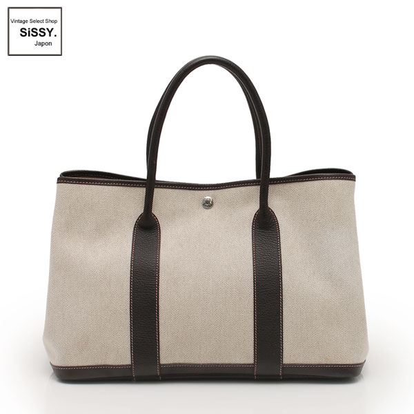 ■エルメス■ ガーデンパーティPM トートバッグ トワルアッシュ レザー ベージュ ブラウン □G刻印 【HERMES】