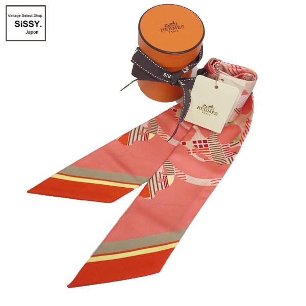 ■エルメス■ ツイリー スカーフ「CAVALCADOUR」シルク ピンク/オレンジ系マルチカラー 【HERMES】