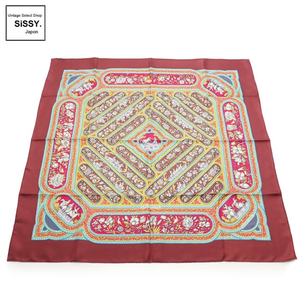 ■エルメス■ カレ90 スカーフ「QALAMDAN」シルク ボルドー イエロー マルチカラー 【HERMES】