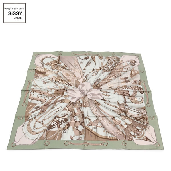 ■エルメス■ カレ90 スカーフ「Soleil de Soie」 シルク モスグリーン グレー 水色 【HERMES】