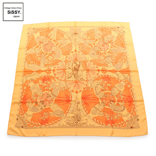 ■エルメス■ スカーフ カレ90 「Les chants du Henne」 シルク オレンジ イエロー 【HERMES】