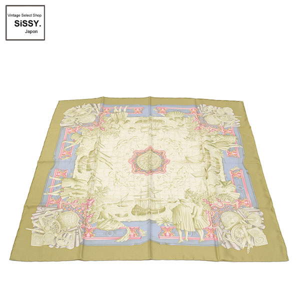 ■エルメス■ スカーフ カレ90 「AZVLEJOS」 シルク 黄緑 ホワイト マルチカラー 【HERMES】