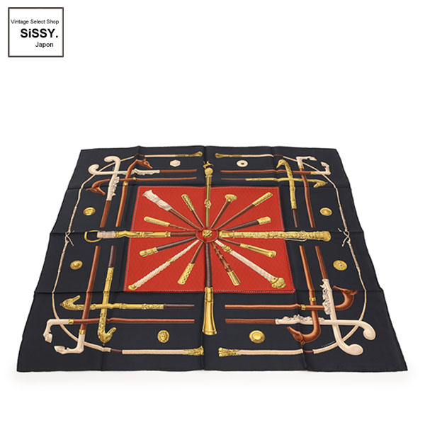 ■エルメス■ スカーフ カレ90 「CANNES & POMMEAUX」 シルク 黒 茶 ベージュ 【HERMES】