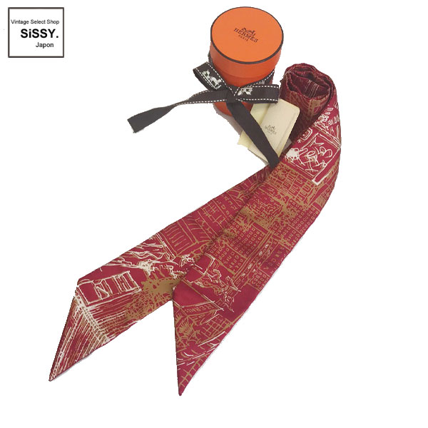■エルメス■ ツイリー リボンスカーフ シルク レッド ベージュ L'AIR DE GINZA 銀座限定 【HERMES】