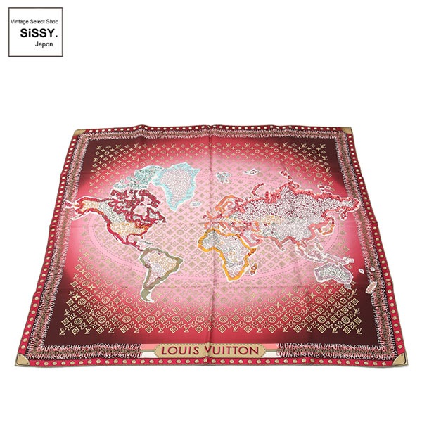 ■ルイヴィトン■ スカーフ モノグラム マップ 地図柄 シルク ボルドー マルチカラー 【LOUIS VUITTON】