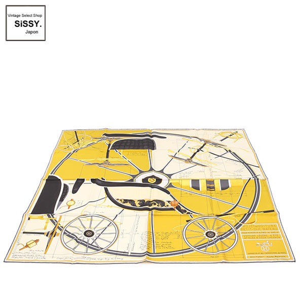 ■エルメス■ カレ90 「Projet De Voiture Petit duc Bateau」 スカーフ シルク イエロー マルチカラー 【HERMES】
