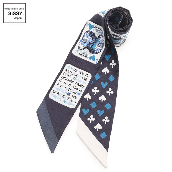 ■エルメス■ ツイリー 「Jeu de Cartes」 リボンスカーフ トランプ柄 シルク ネイビー ホワイト ブラック 【HERMES】