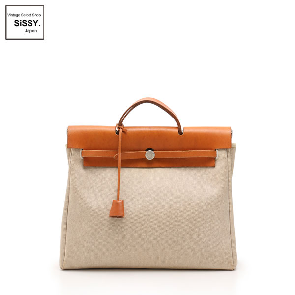 ■エルメス■ エールバッグMM ハンドバッグ トワルアッシュ レザー ナチュラル キャメル シルバー金具 □C刻印 【HERMES】