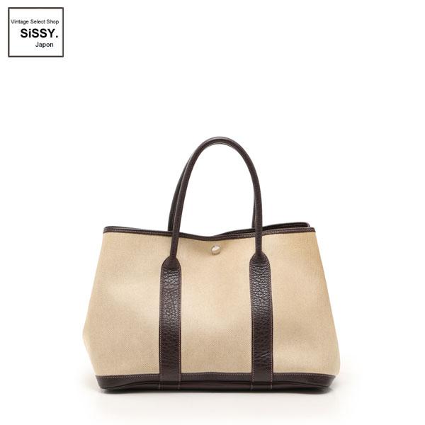 ■エルメス■ ガーデンパーティPM トートバッグ トワルアッシュ レザー ベージュ ダークブラウン □F刻印 【HERMES】