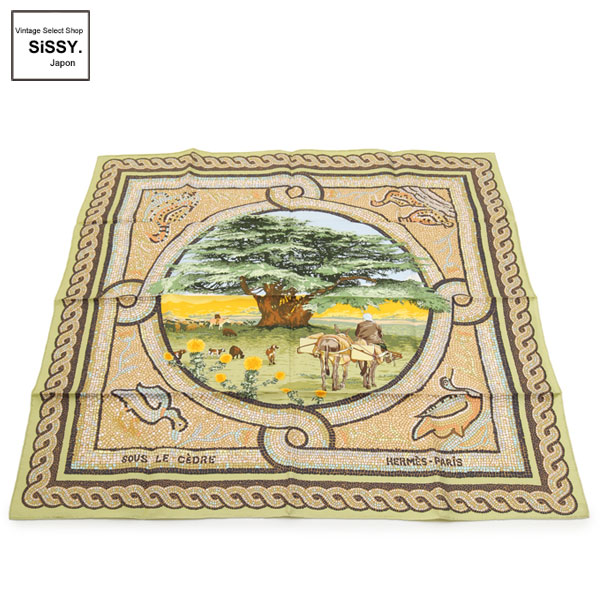 ■エルメス■ カレ90 「SOUS LE CEDRE」 スカーフ シルク 黄緑 ブラウン ブラック 【HERMES】