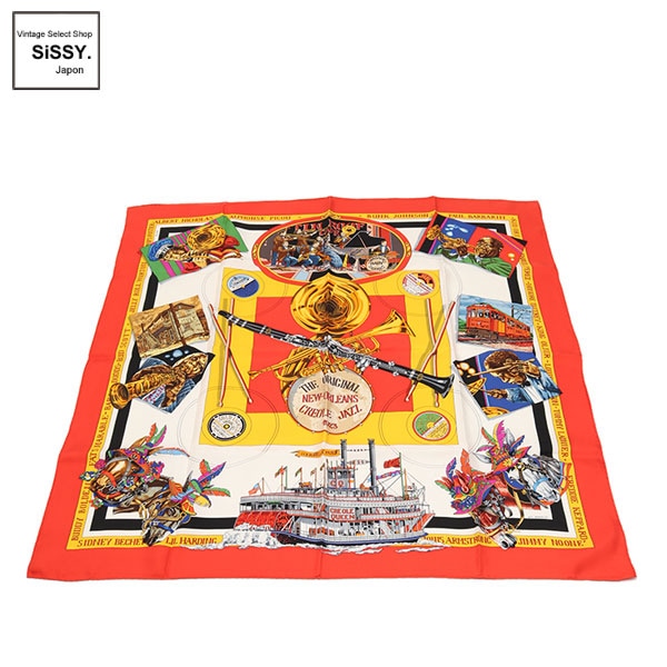 ■エルメス■ カレ90 スカーフ 「NEW ORLEANS THE ORIGINAL CREOLE JAZZ」 シルク オレンジ マルチカラー 【HERMES】