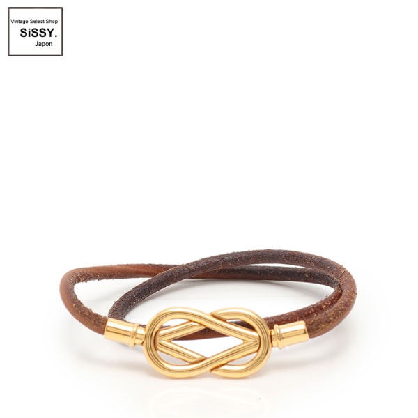 ■エルメス■ アタメ 2連ブレスレット レザー ブラウン ゴールド金具 【HERMES】