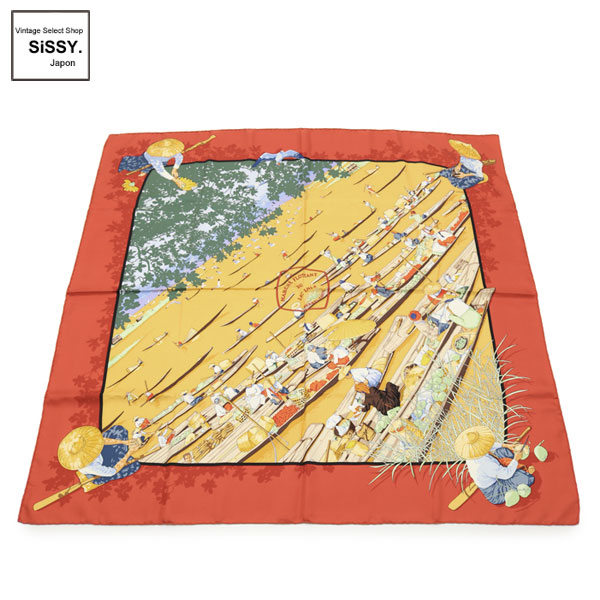 ■エルメス■ カレ90 「MARCHE FLOTTANT DU LAC INLE」 スカーフ シルク イエロー ブラウン系 グリーン 【HERMES】