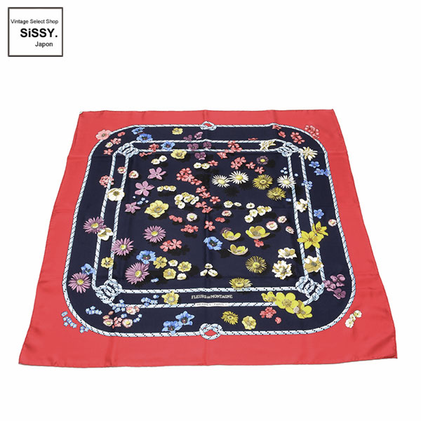 ■エルメス■ スカーフ カレ90 FLEURS DE MONTAGNE シルク レッド ネイビー マルチカラー 【HERMES】