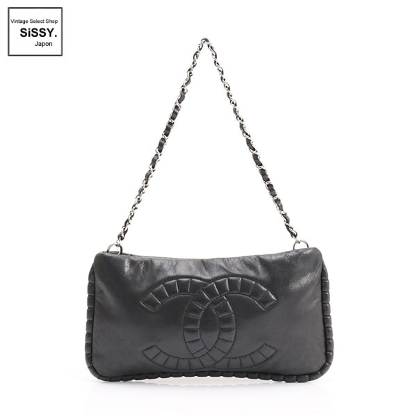 ■シャネル■ ココマーク チェーンショルダーバッグ レザー ブラック ステッチ シルバー金具 【CHANEL】