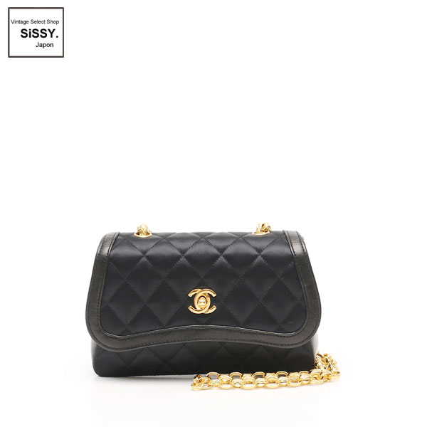 ■シャネル■ マトラッセ ココマーク チェーンショルダーバッグ サテン レザー ブラック ゴールド金具 【CHANEL】