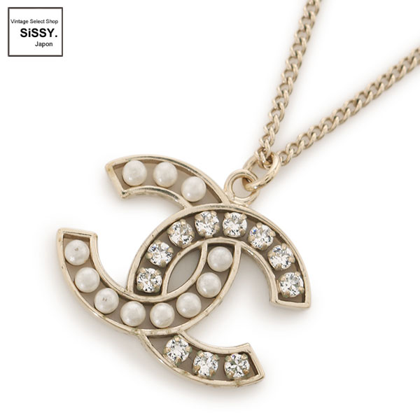 ■シャネル■ ココマーク ネックレス フェイクパール ラインストーン ゴールド アイボリー B14B 【CHANEL】