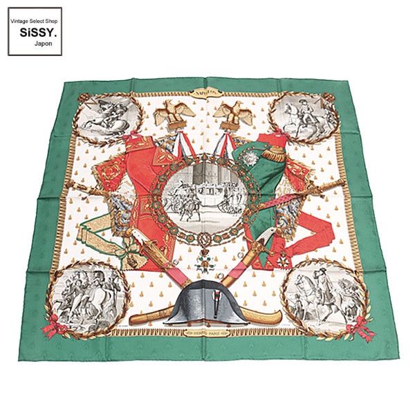 ■エルメス■ スカーフ カレ90 「NAPOLEON」 シルク ホワイト グリーン マルチカラー 【HERMES】