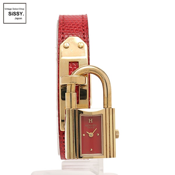 ■エルメス■ ケリーウォッチ 腕時計 レディース クオーツ GP リザード ゴールド 赤文字盤 〇Y刻印 【HERMES】