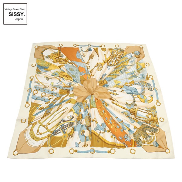 ■エルメス■ カレ90 「SOLEIL DE SOIE」 スカーフ シルク アイボリー イエロー 水色 【HERMES】