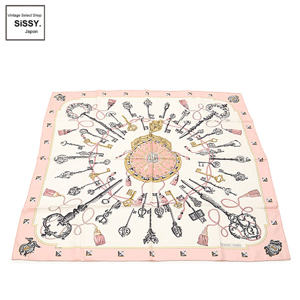 ■エルメス■ カレ90「LES CLES」 スカーフ シルク ピンク アイボリー【HERMES】