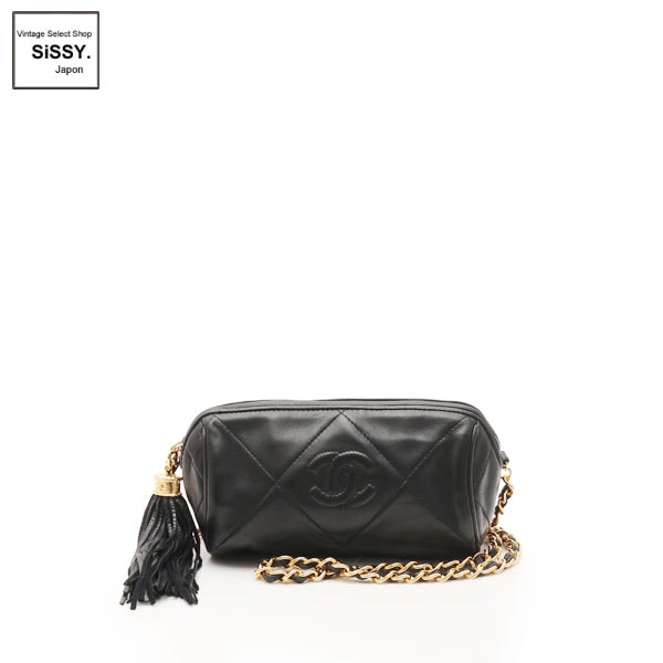 ■シャネル■ ココマーク 筒形チェーンショルダーバッグ ラムスキン ブラック ヴィンテージ フリンジ  【CHANEL】