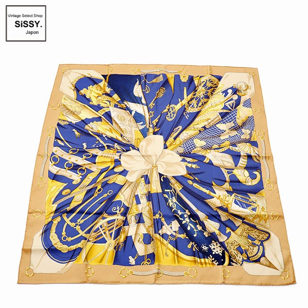 ■エルメス■ スカーフ カレ90 「SOLEIL DE SOIE」 シルク ベージュ ネイビー マルチカラー 【HERMES】