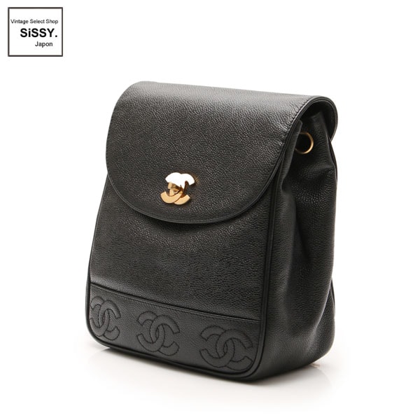 ■シャネル■ トリプルココマーク リュックサック チェーンバックパック キャビアスキン ブラック ゴールド金具  【CHANEL】