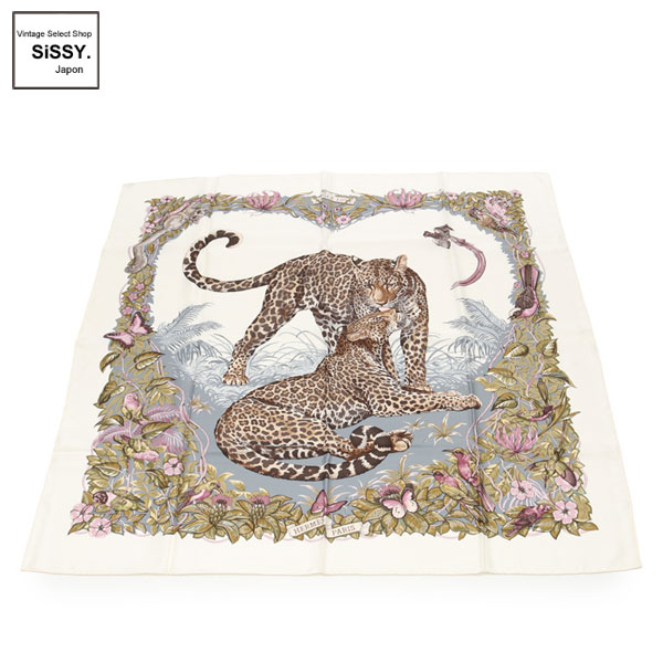 ■エルメス■ スカーフ カレ90「JUNGLE LOVE」 スカーフ シルク アイボリー マルチカラー 豹柄 【HERMES】