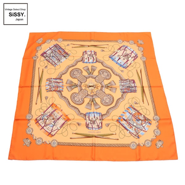 ■エルメス■ スカーフ カレ90 「LES TAMBOURS」 シルク オレンジ マルチカラー【HERMES】