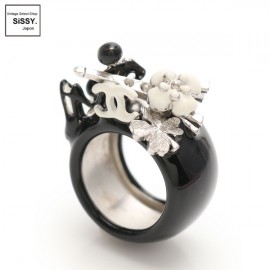 ■シャネル■ ココマーク カメリア リング 指輪 黒 アイボリー 13K 約10号 【CHANEL】